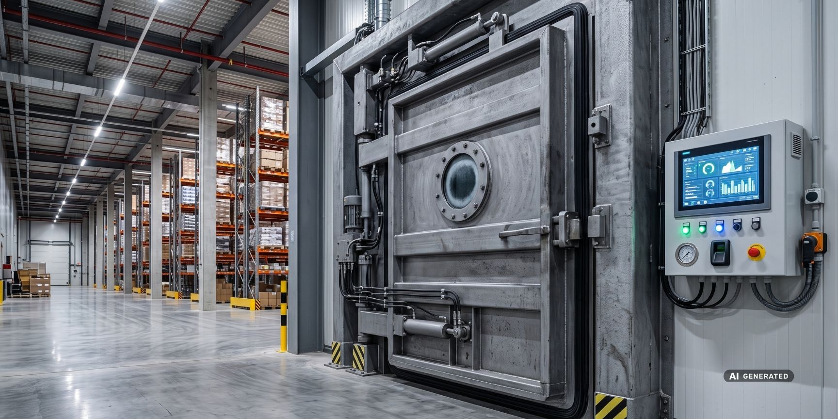 Massive, gas-tight special door of an ULO warehouse with viewing window and high-tech sensor technology that shows the structural requirements of the logistics property.